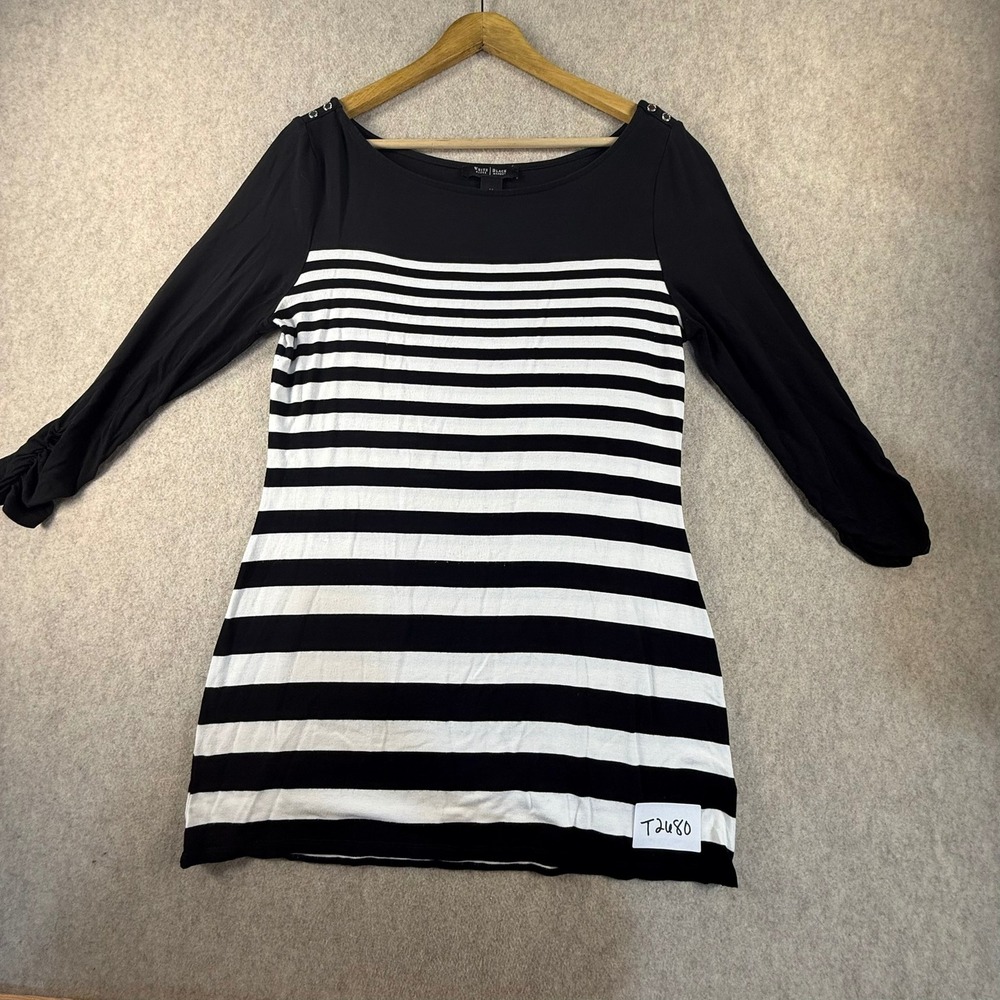 White House Black Market Black White Striped Boat Neck Button Shoulder Top M